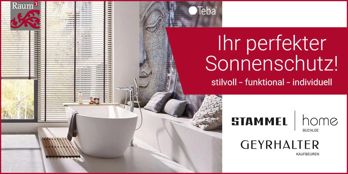 Text: Ihr perfekter Sonnenschutz. Bild: Badezimmer mit Rollos.